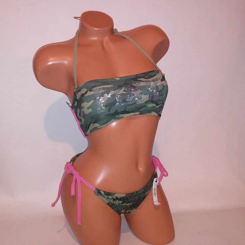Victoria Secret PINK Swim Bikini Medium Top & Bottom Green Camo String Bandeau